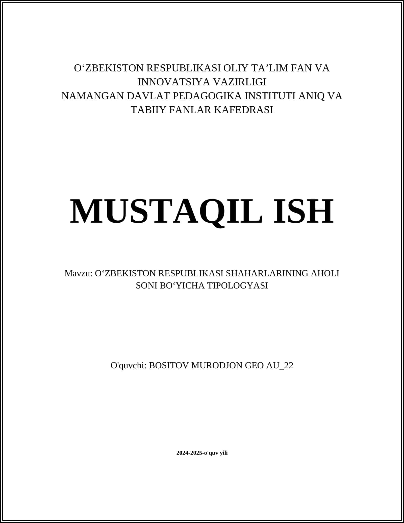 OʻZBEKISTON RESPUBLIKASI SHAHARLARINING AHOLI SONI BOʻYICHA TIPOLOGYASI 1