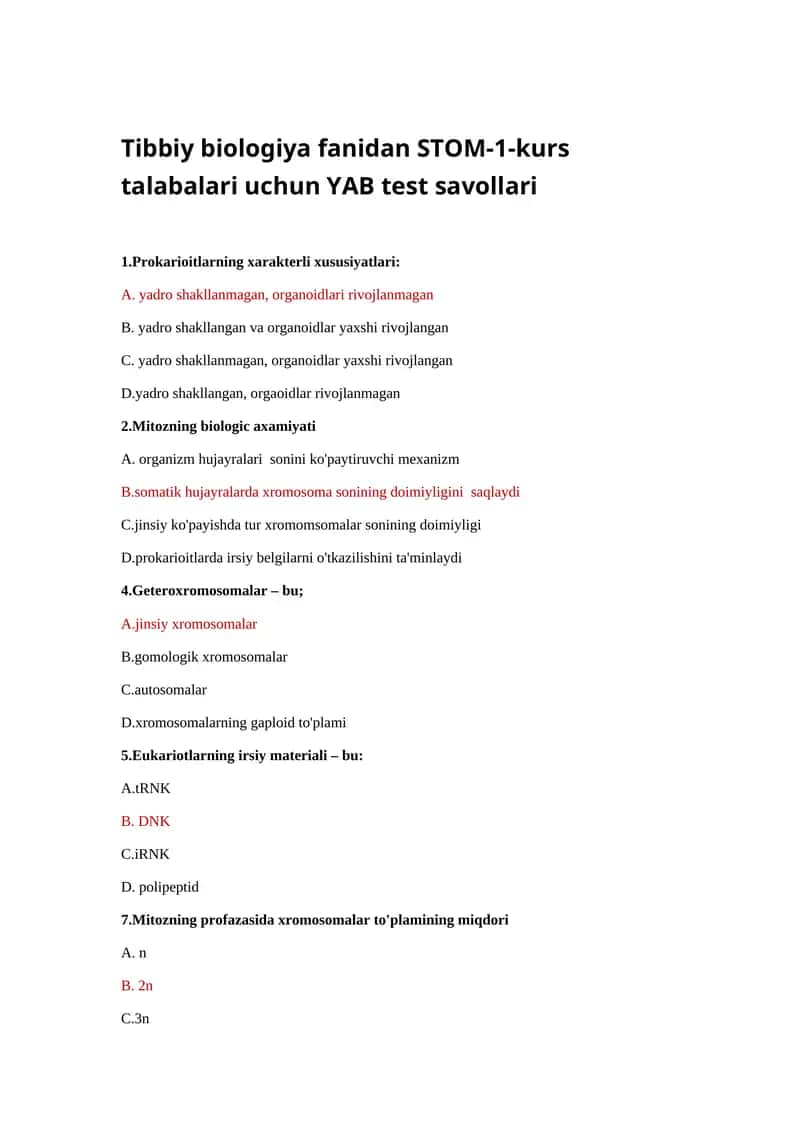 Tibbiy biologiya fanidan STOM-1-kurs talabalari uchun YAB test savollari 1