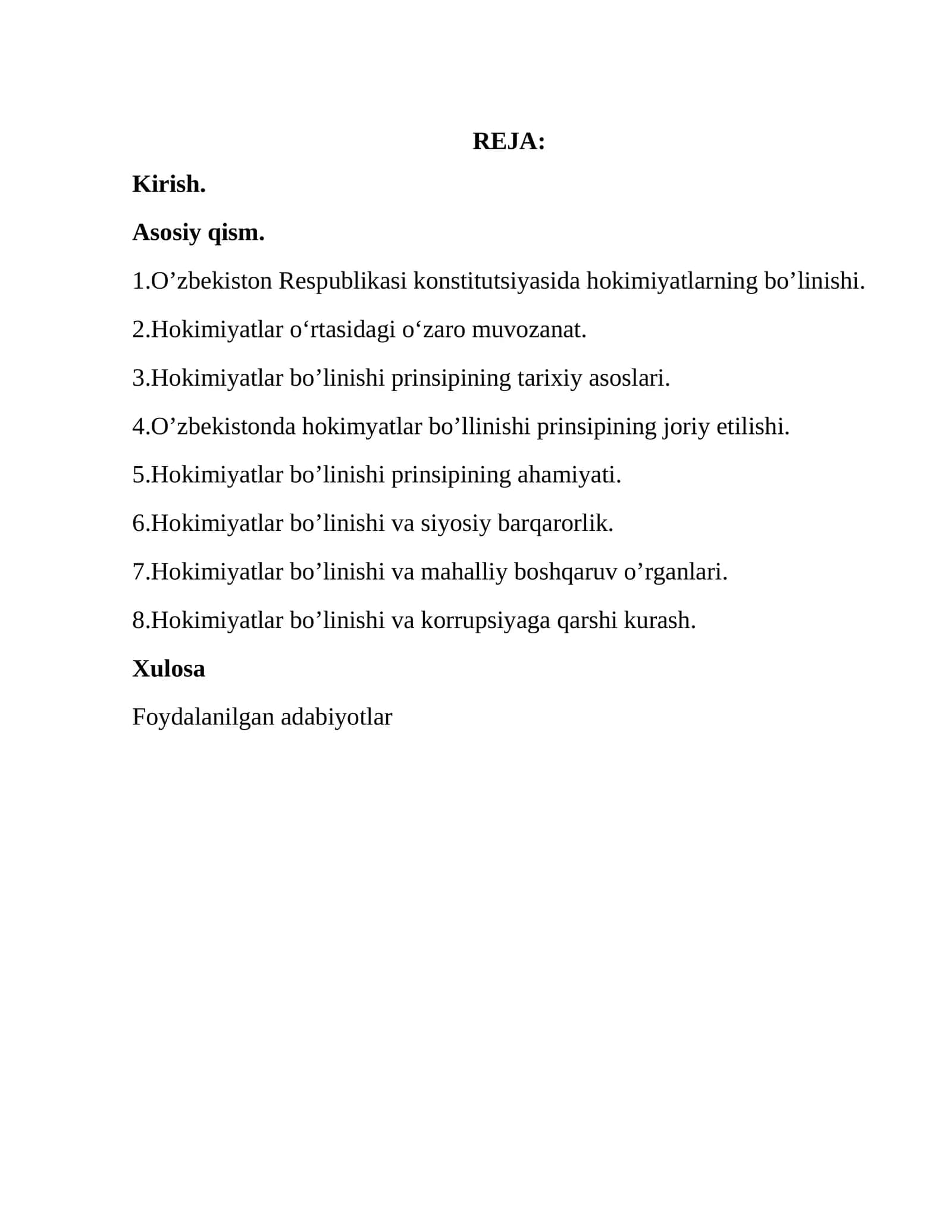O‘zbekiston Respublikasida hokimiyatlar bo‘linishi prinsipi va uning ahamiyati 1