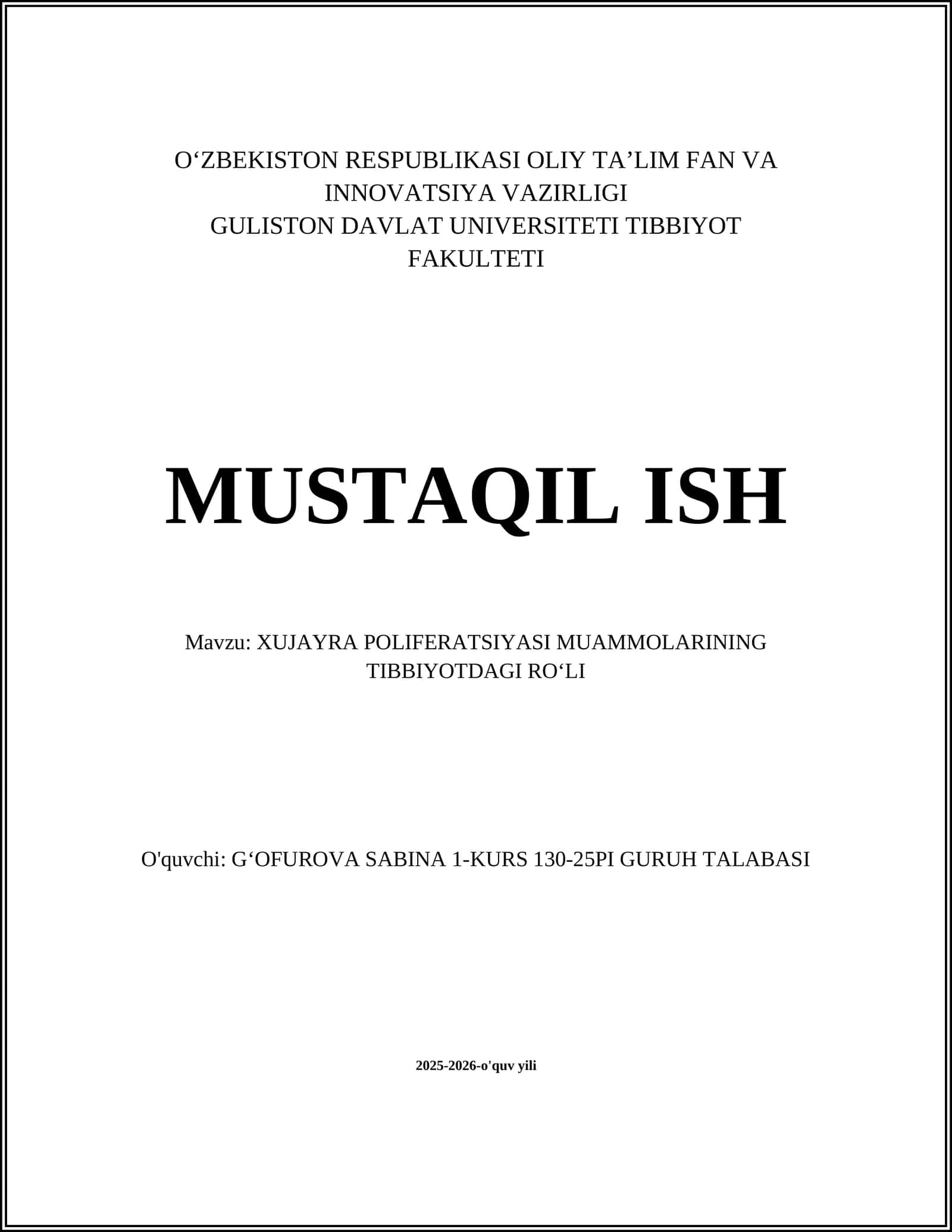 XUJAYRA POLIFERATSIYASI MUAMMOLARINING TIBBIYOTDAGI ROʻLI 1
