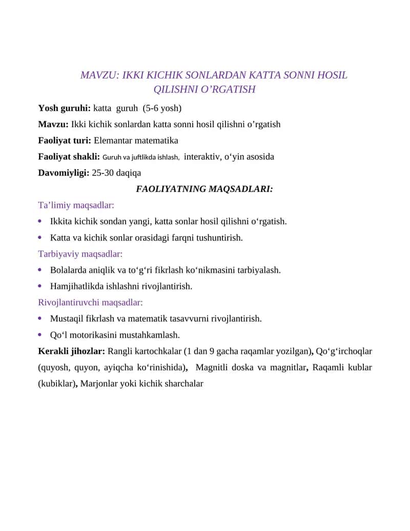 Ikki kichik sonlardan katta sonni hosil qilishni o’rgatish 1