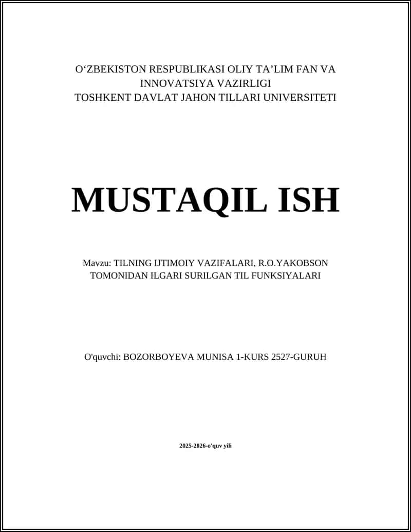 Tilning Ijtimoiy Vaqifalari, R.O.Yakobson tomonidan ilgari surilgan Til Funksiyalari 1
