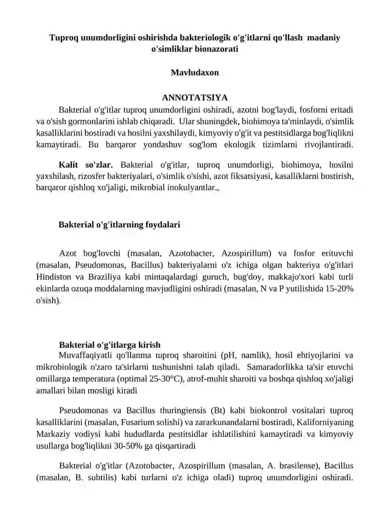 Bakterial o'g'itlarning foydalari