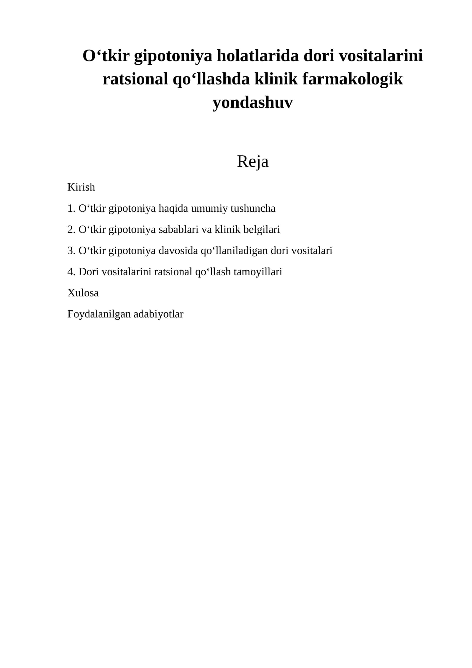 O‘tkir gipotoniya holatlarida dori vositalarini ratsional qo‘llashda klinik farmakologik yondashuv 1