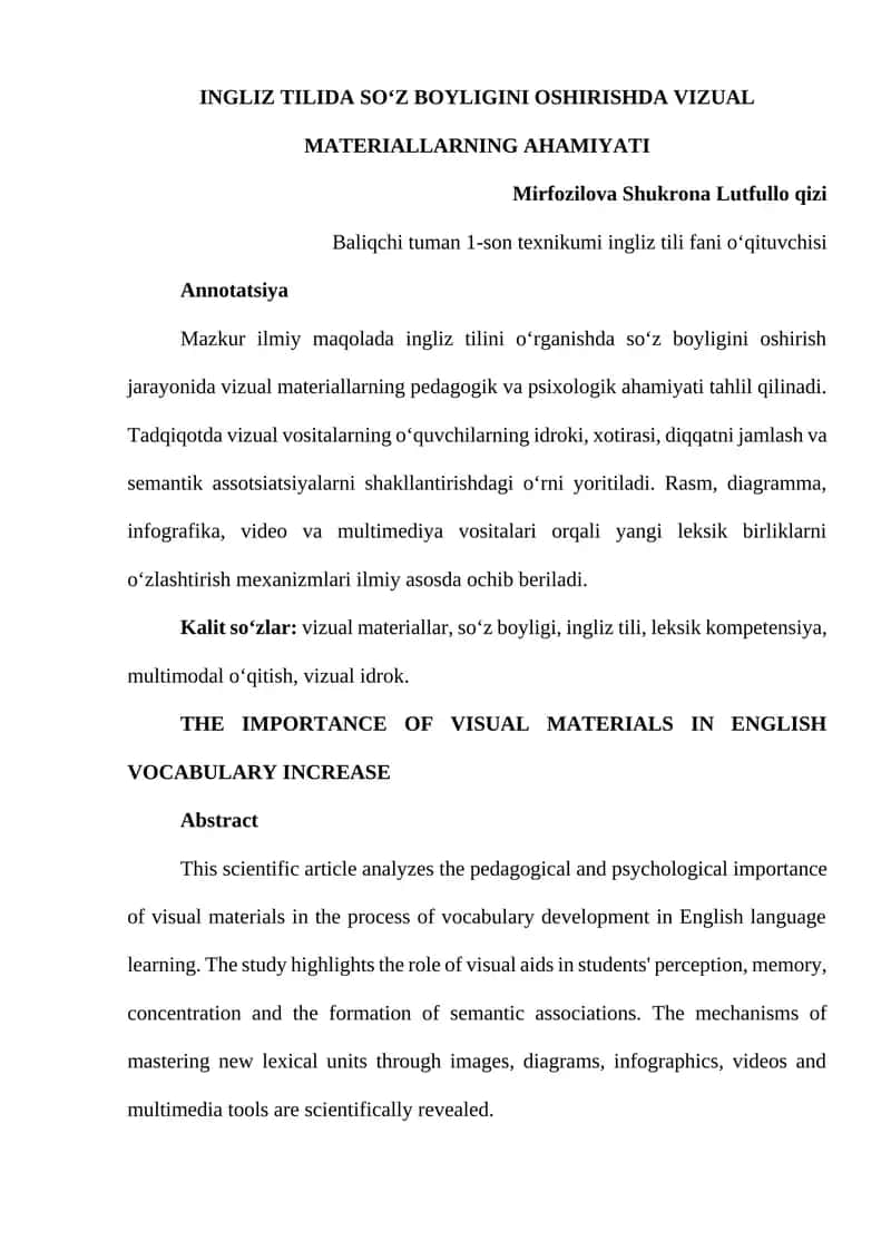 INGLIZ TILIDA SOʻZ BOYLIGINI OSHIRISHDA VIZUAL MATERIALLARNING AHAMIYATI 1