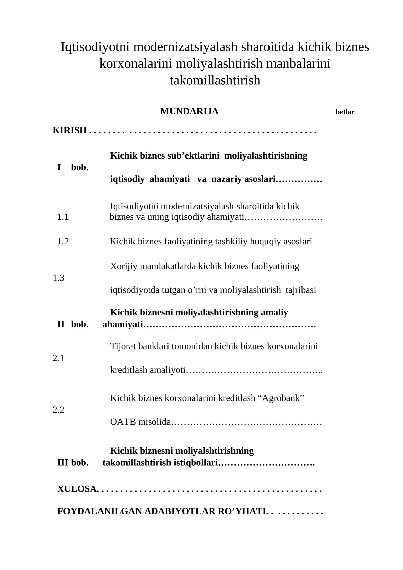 Iqtisodiyotni modernizatsiyalash sharoitida kichik biznes korxonalarini moliyalashtirish manbalarini takomillashtirish 1