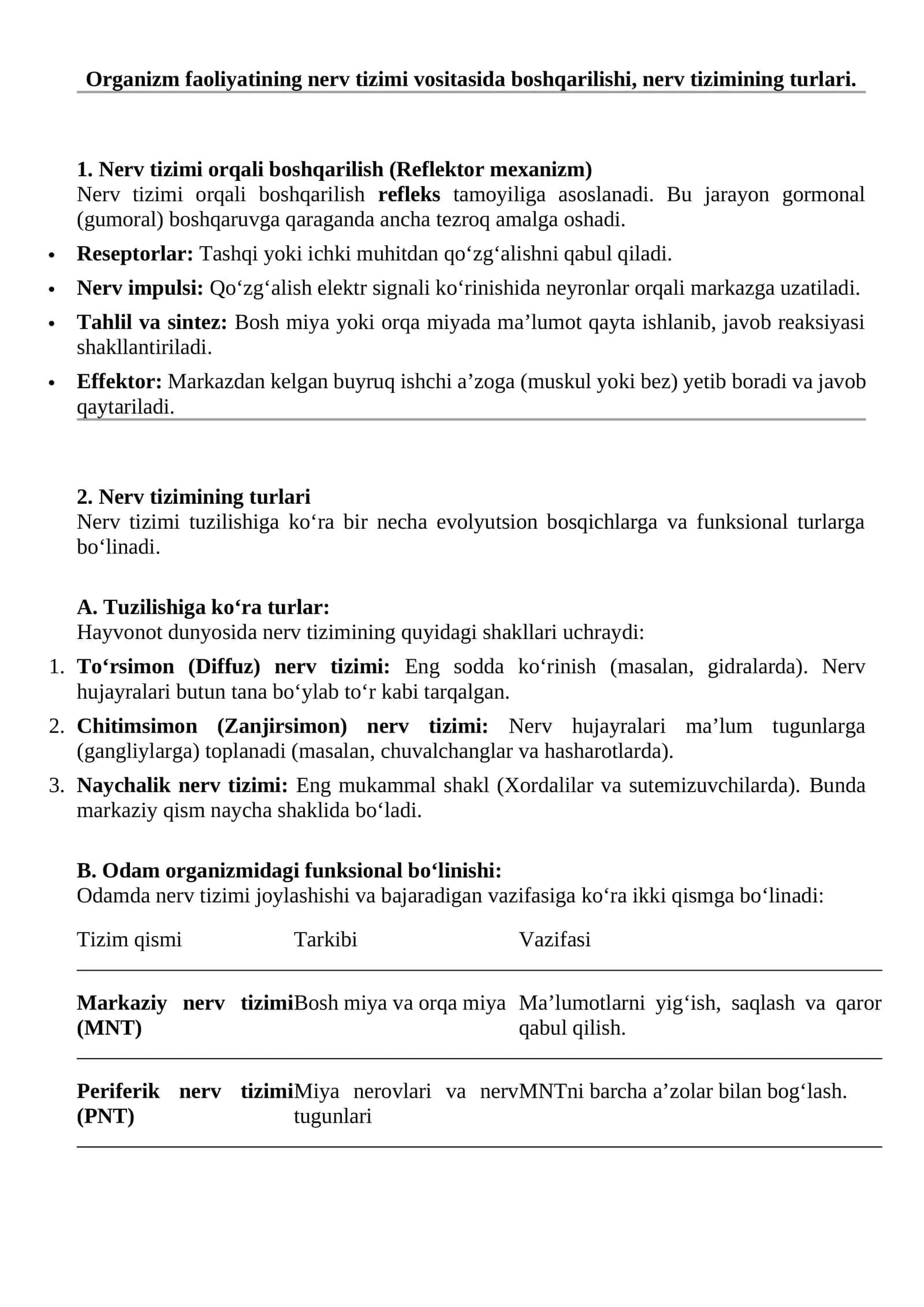 Organizm faoliyatining nerv tizimi vositasida boshqarilishi, nerv tizimining turlari 1