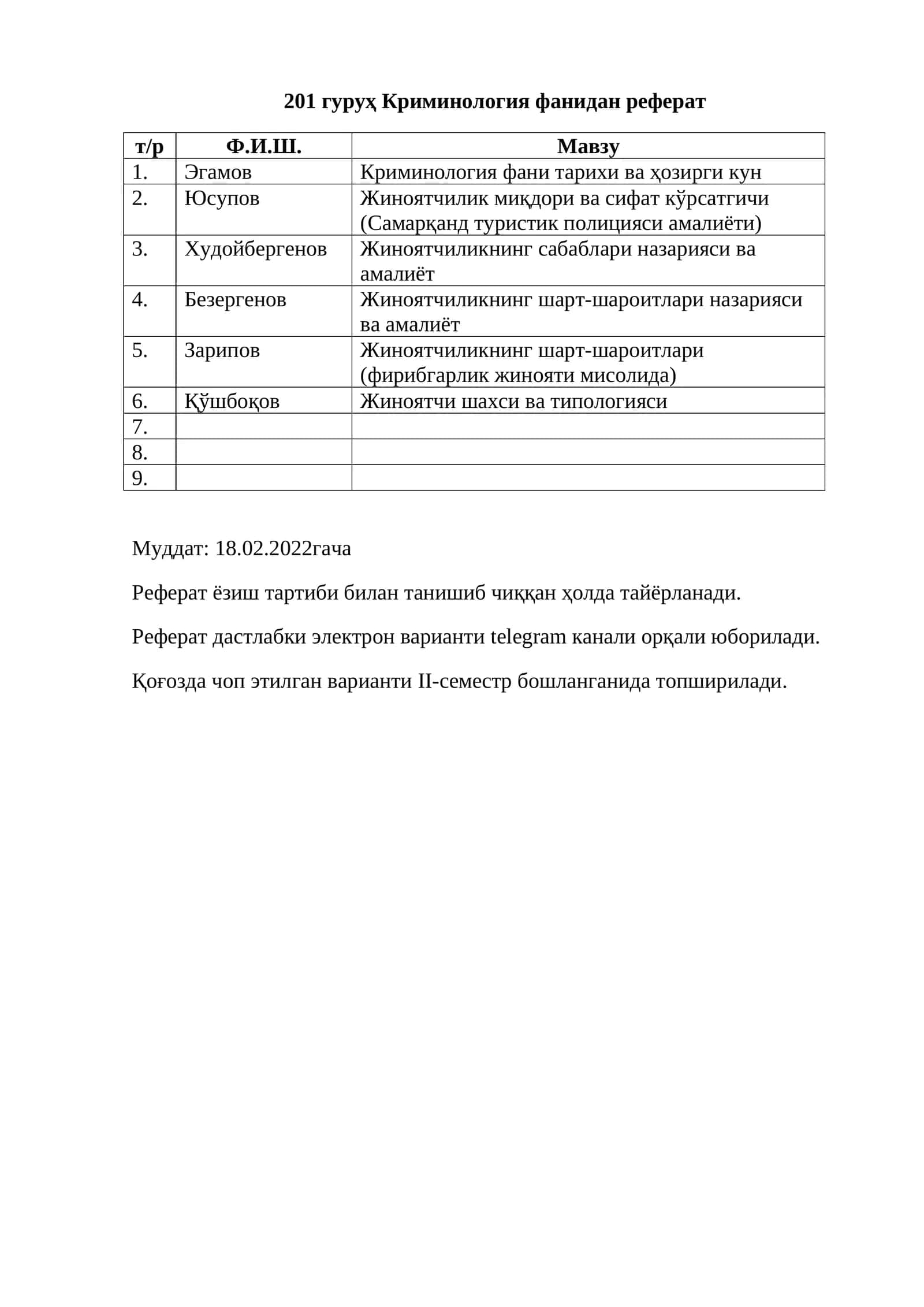Криминология фанидан реферат 1