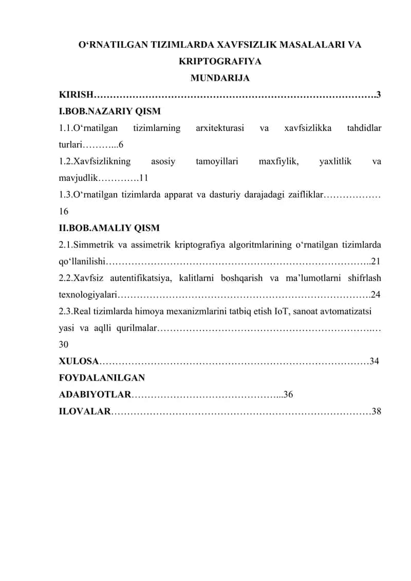 OʻRNATILGAN TIZIMLARDA XAVFSIZLIK MASALALARI VA KRIPTOGRAFIYA 1