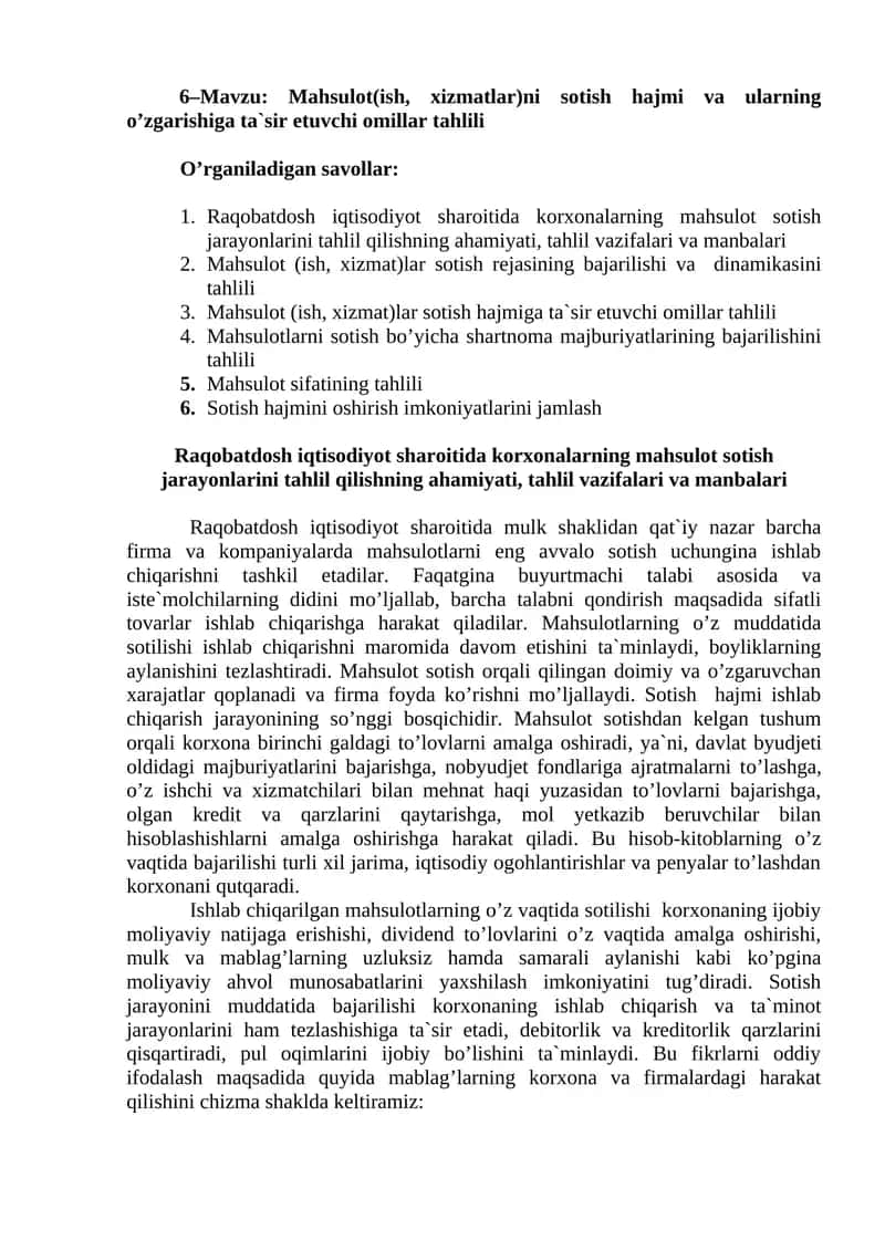 Mahsulоt(ish, xizmatlar)ni sоtish hajmi va ularning o’zgarishiga ta`sir etuvchi оmillar tahlili 1