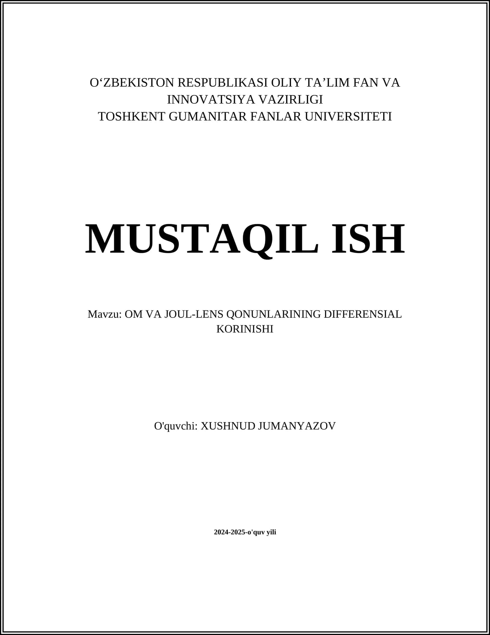 OM VA JOUL-LENS QONUNLARINING DIFFERENSIAL KORINISHI 1