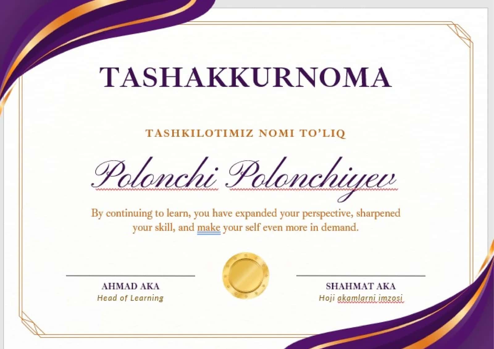 TASHAKKURNOMA 1