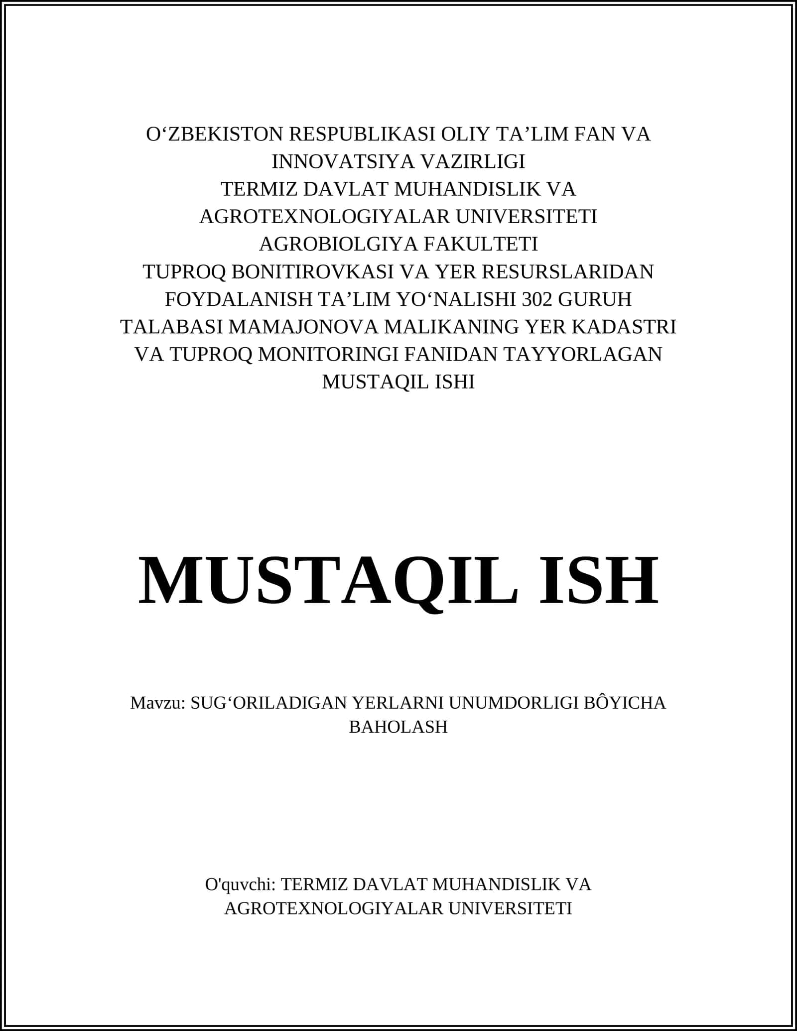 SUGʻORILADIGAN YERLARNI UNUMDORLIGI BÔYICHA BAHOLASH 1