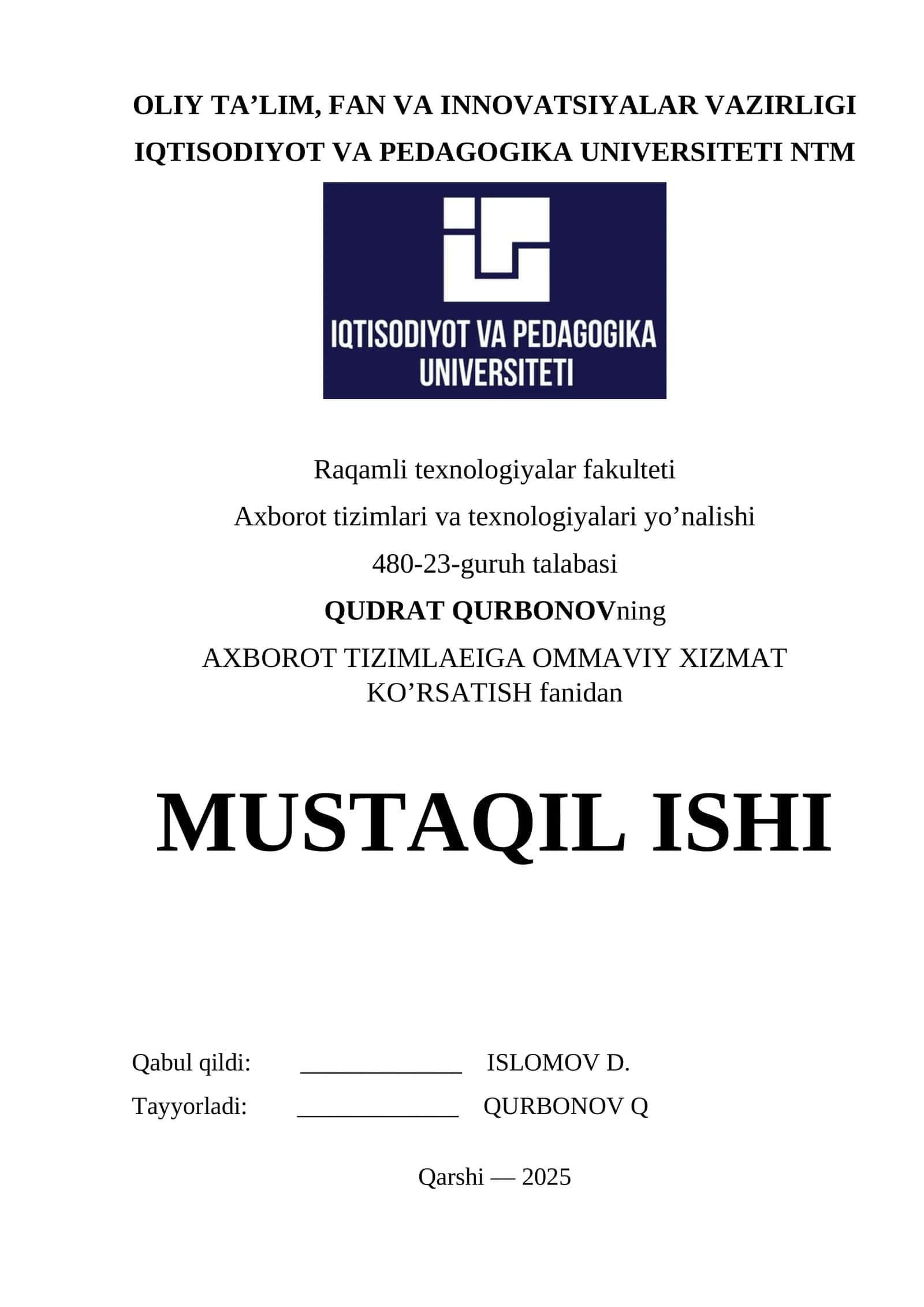 Xizmat ko‘rsatish tizimlarini dasturiy vositalar yordamida modellashtirish va simulyatsiya qilish 1