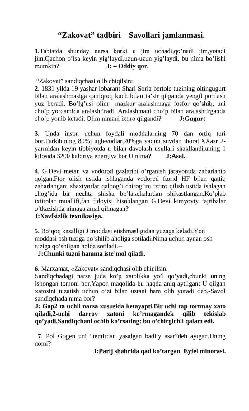 "Zakovat" tadbiri Savollari jamlanmasi 1