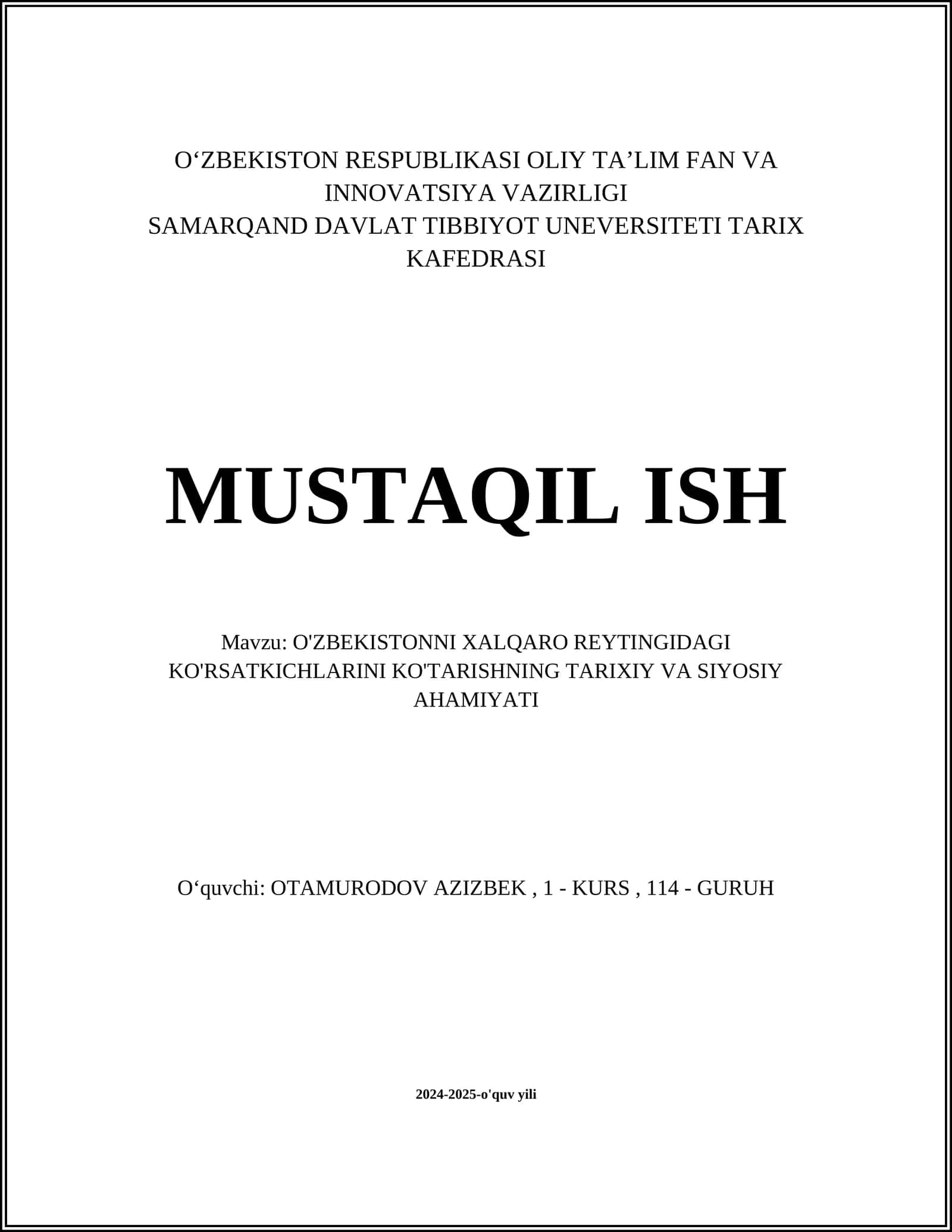 O'ZBEKISTONNI XALQARO REYTINGIDAGI KO'RSATKICHLARINI KO'TARISHNING TARIXIY VA SIYOSIY AHAMIYATI 1