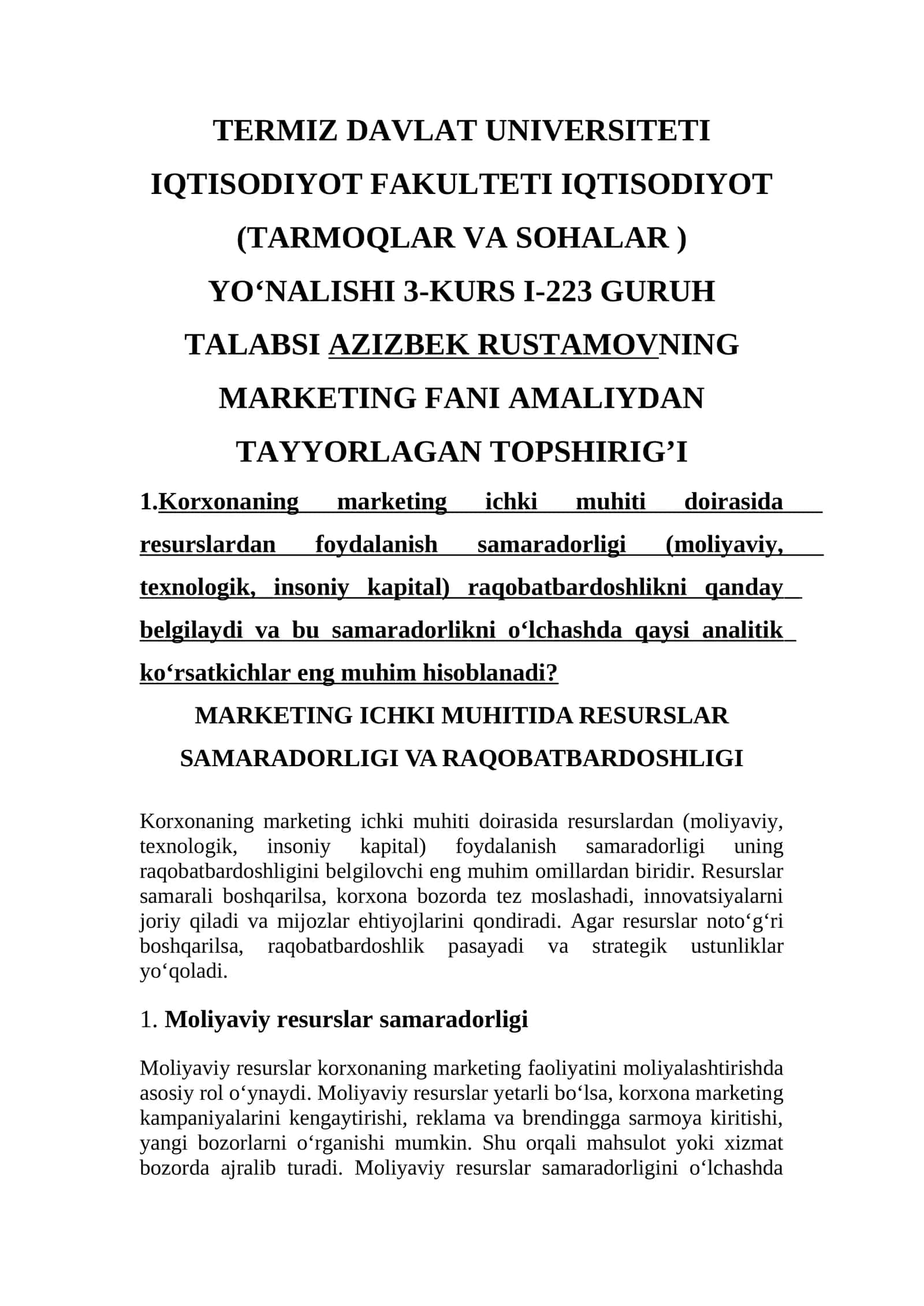 Marketing Fani Amaliydan Tayyorlagan Topshirig’i 1