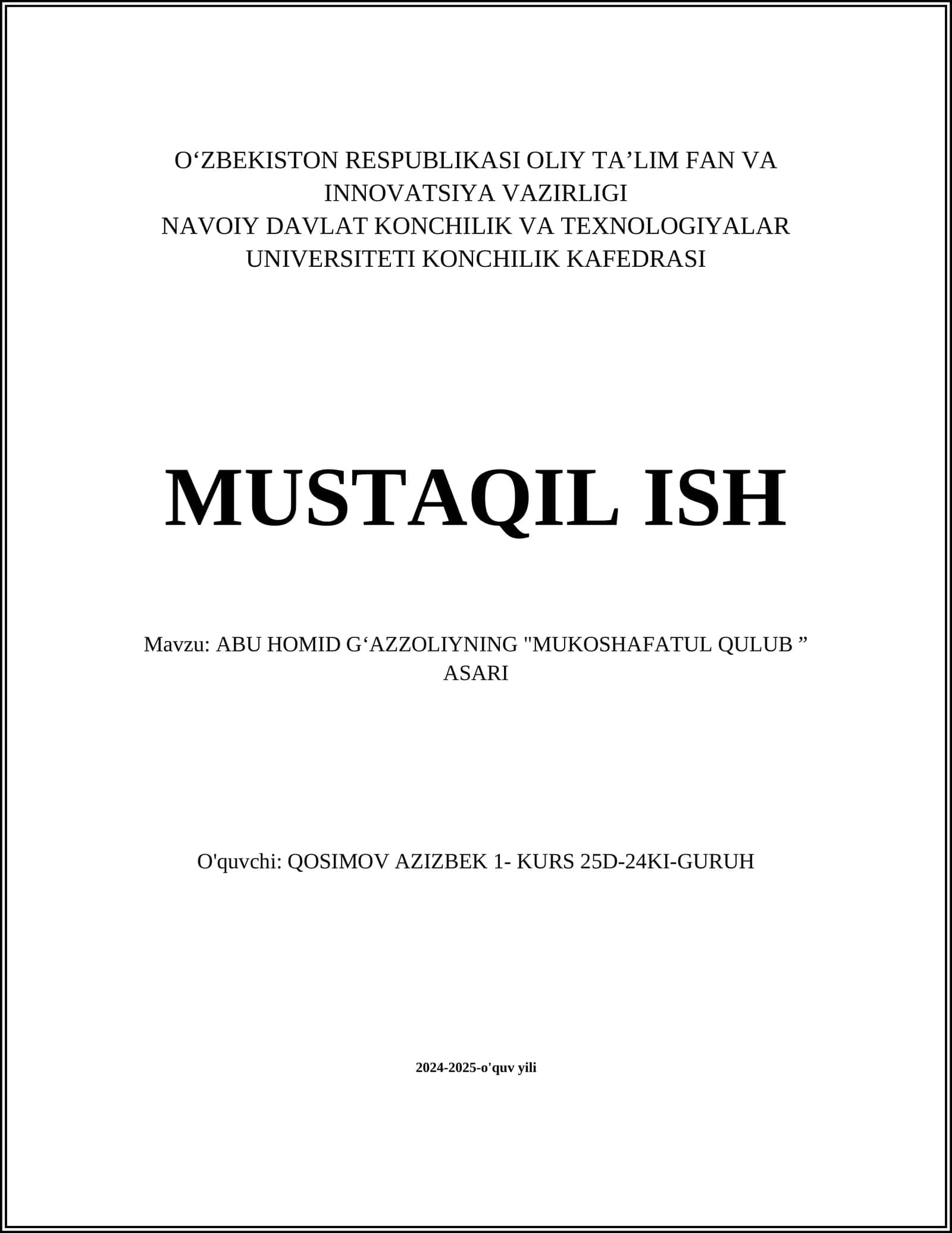ABU HOMID GʻAZZOLIYNING "MUKOSHAFATUL QULUB ” ASARI 1