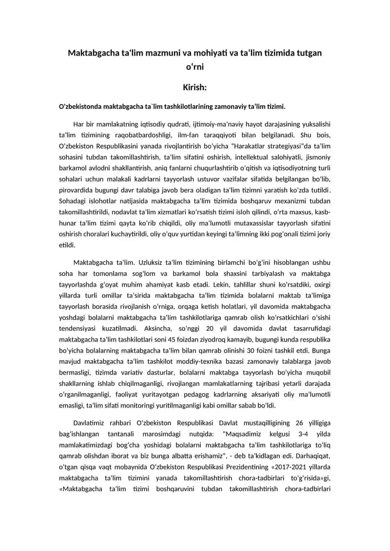 Maktabgacha ta'lim mazmuni va mohiyati va ta‘lim tizimida tutgan o‘rni 1