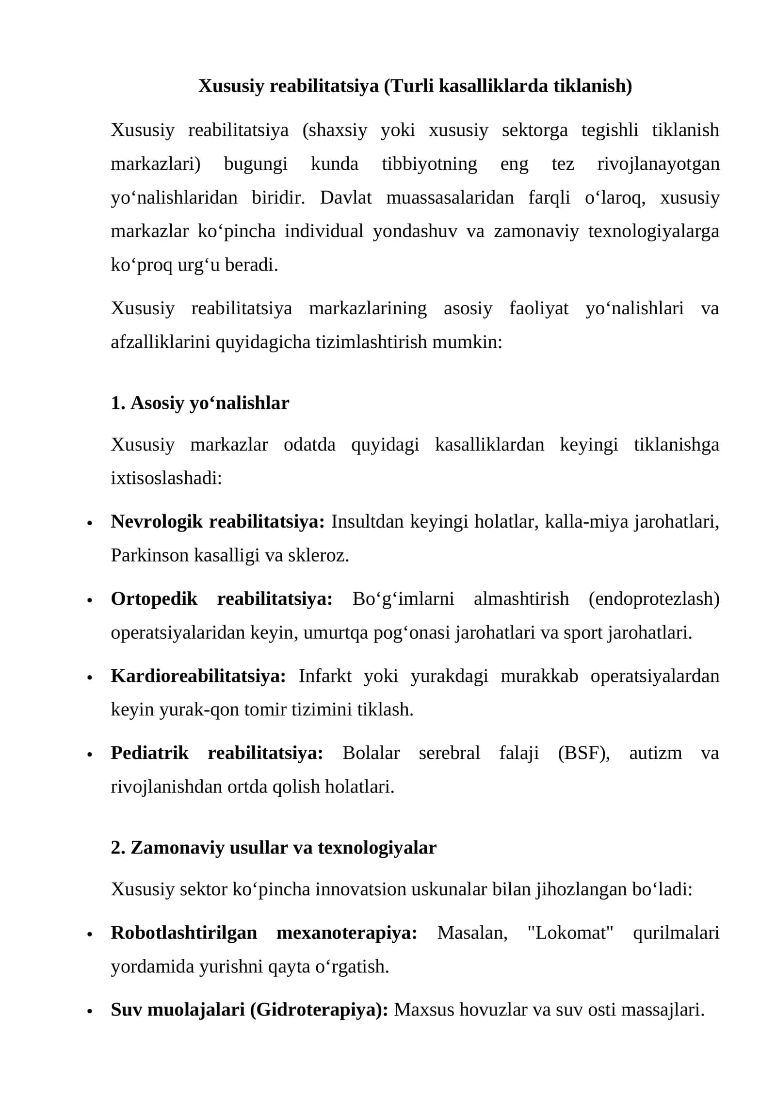 Xususiy reabilitatsiya (Turli kasalliklarda tiklanish) 1