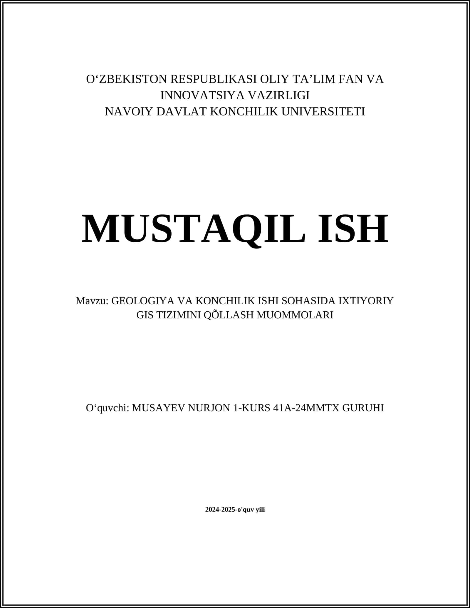 GEOLOGIYA VA KONCHILIK ISHI SOHASIDA IXTIYORIY GIS TIZIMINI QÕLLASH MUOMMOLARI 1