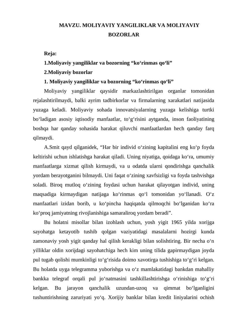 Moliyaviy yangiliklar va bozorlar 1