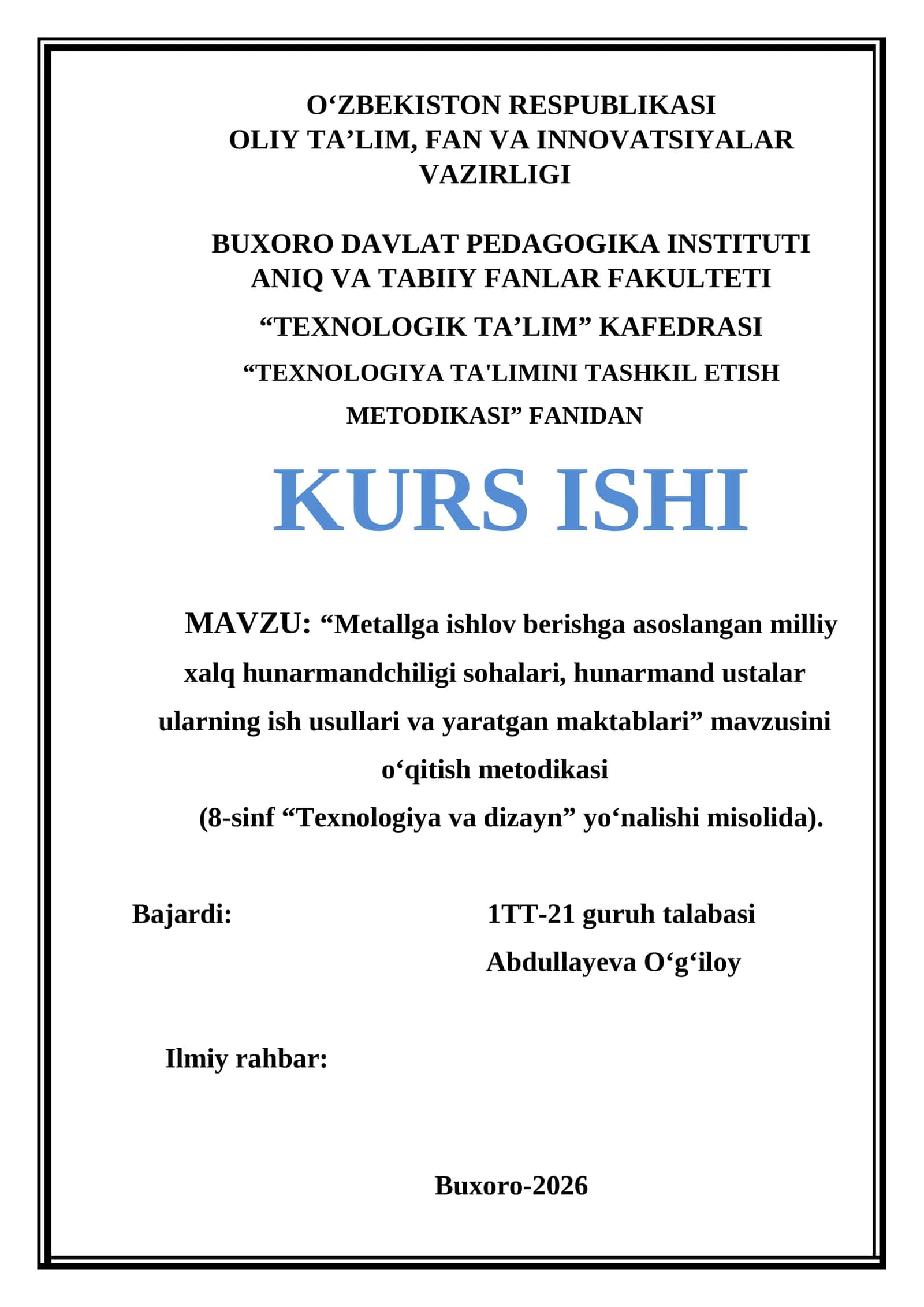 "Metallga ishlov berishga asoslangan milliy xalq hunarmandchiligi" kurs ishi 1
