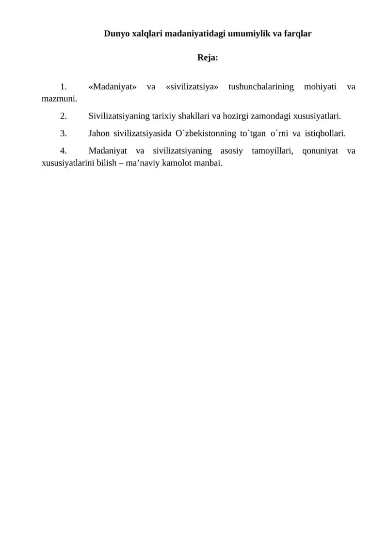 Dunyo xalqlari madaniyatidagi umumiylik va farqlar 1