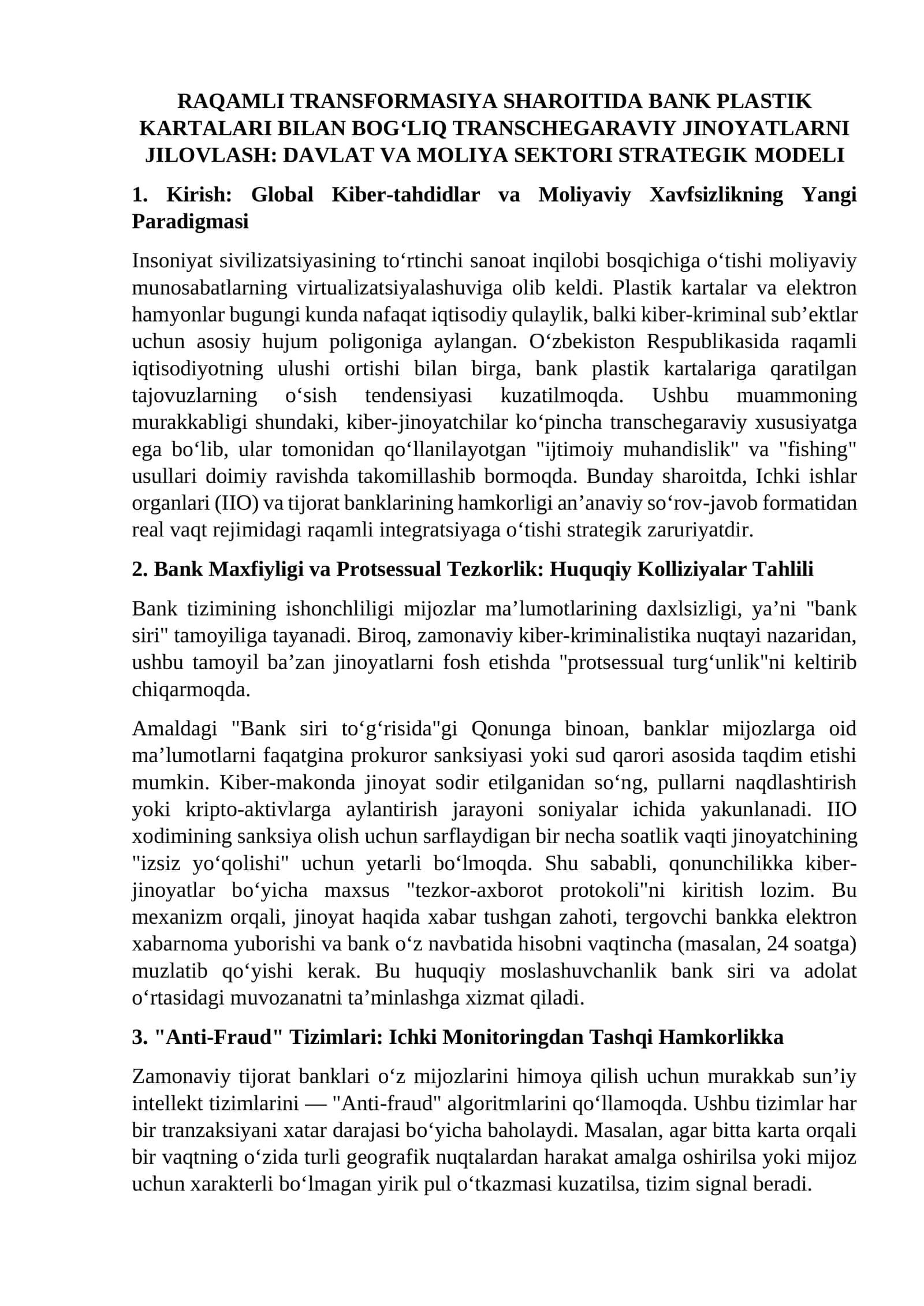 RAQAMLI TRANSFORMASIYA SHAROITIDA BANK PLASTIK KARTALARI BILAN BOG‘LIQ TRANSCHEGARAVIY JINOYATLARNI JILOVLASH: DAVLAT VA MOLIYA SEKTORI STRATEGIK MODELI 1