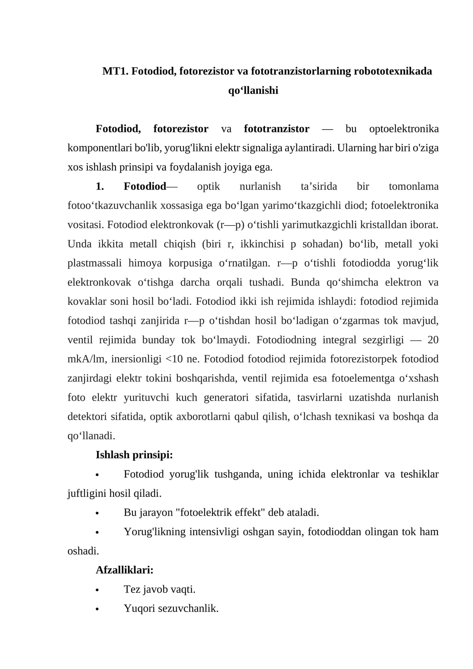 Fotodiod, fotorezistor va fototranzistorlarning robototexnikada qo‘llanishi 1