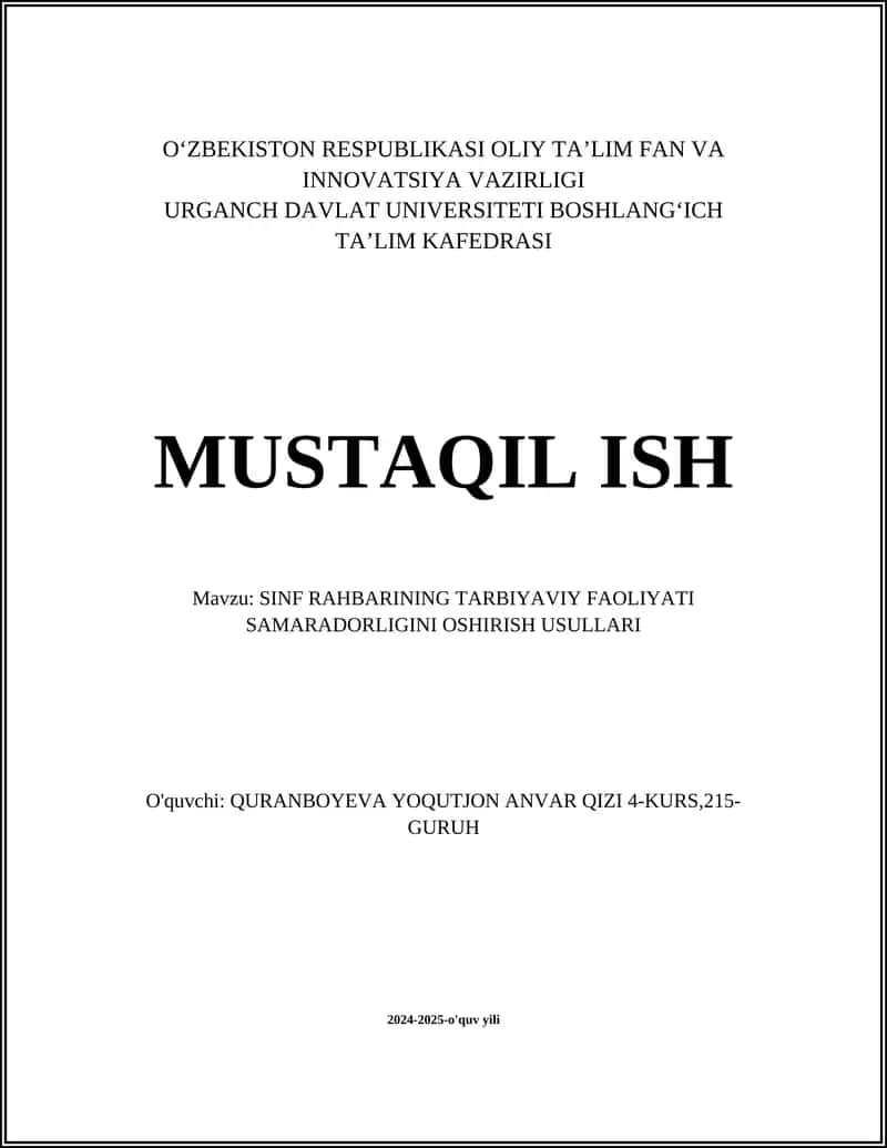 SINF RAHBARINING TARBIYAVIY FAOLIYATI SAMARADORLIGINI OSHIRISH USULLARI 1
