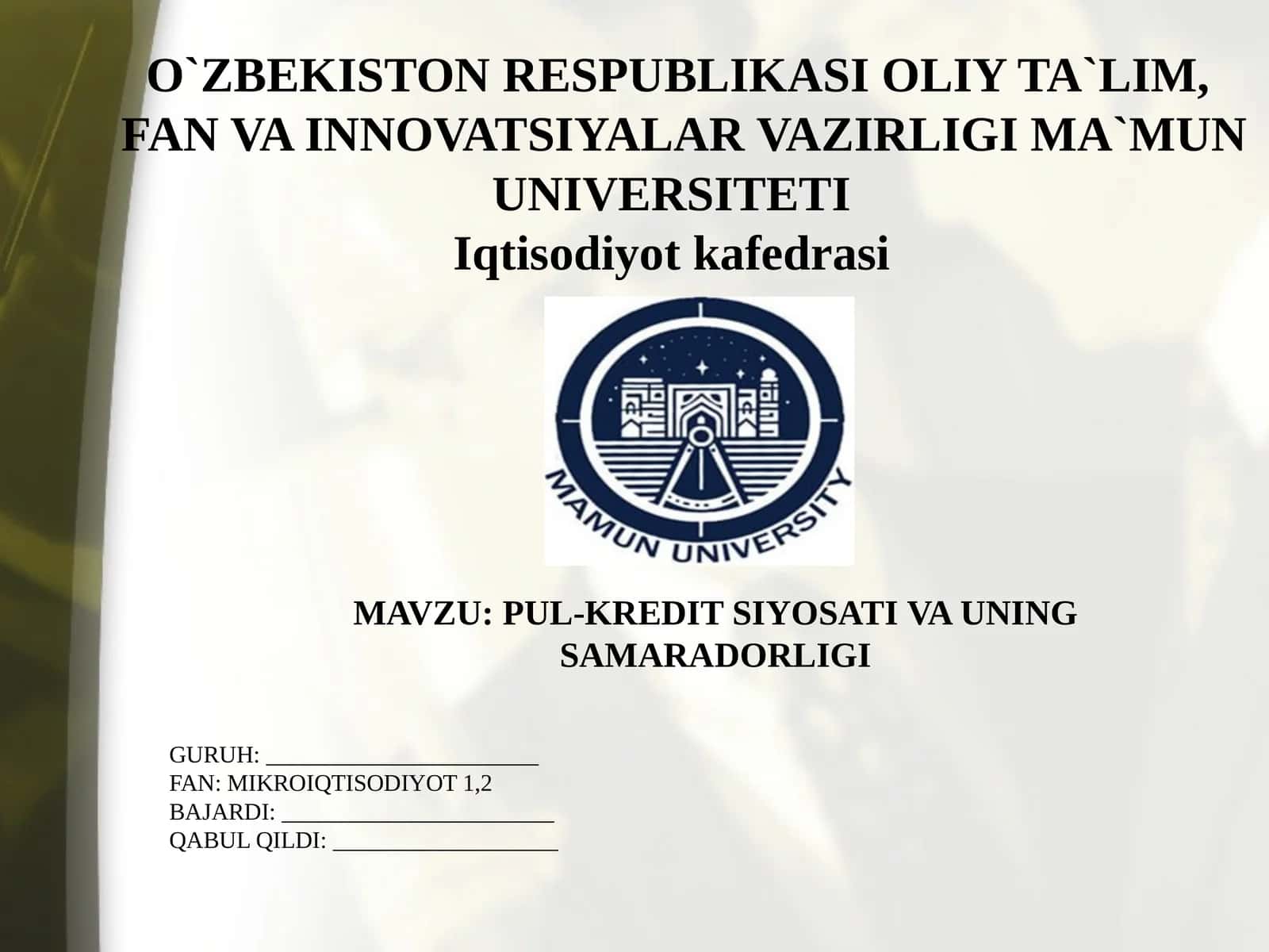PUL-KREDIT SIYOSATIVA UNING SAMARADORLIGI 1