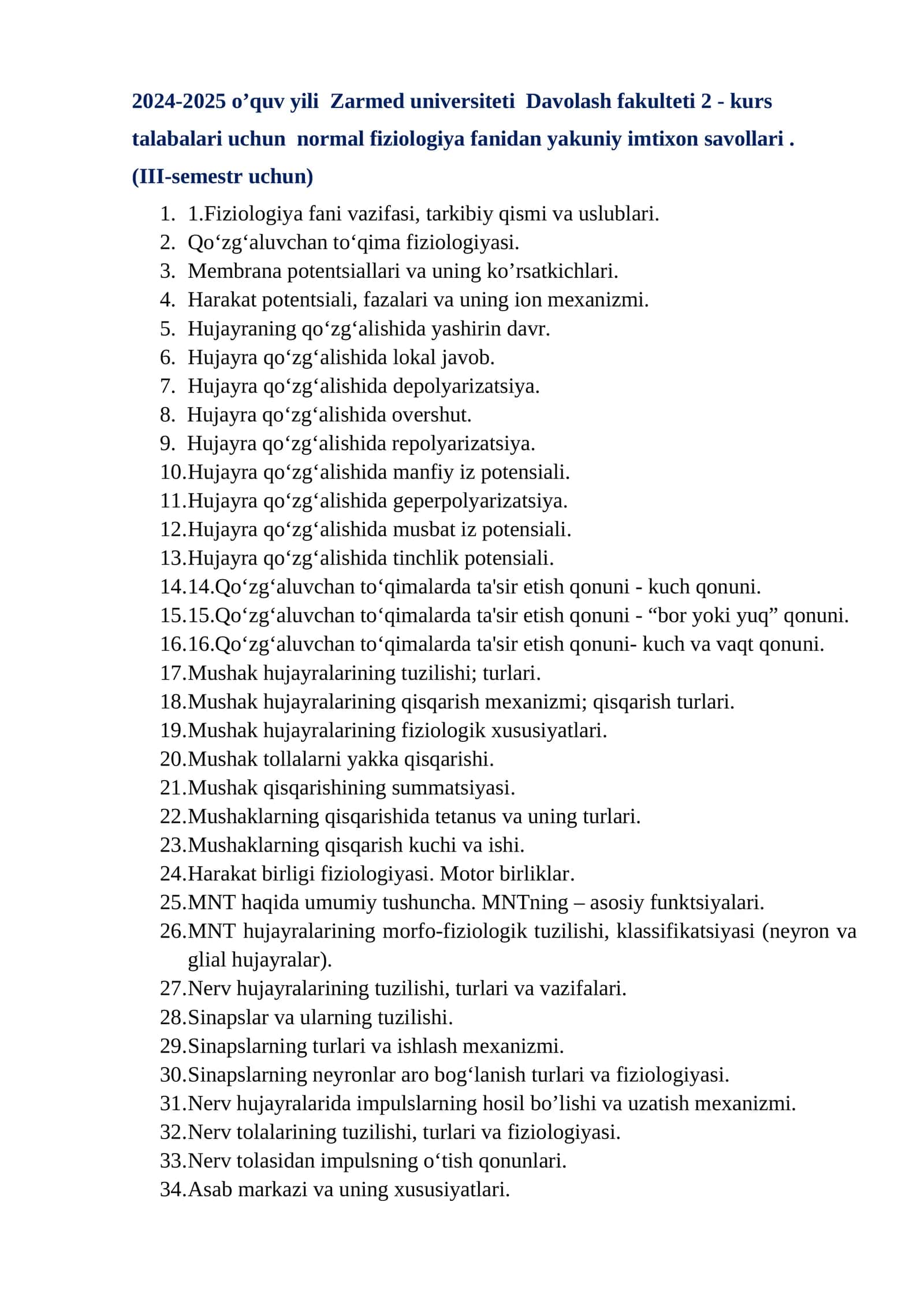 Normal fiziologiya imtixon savollari 1
