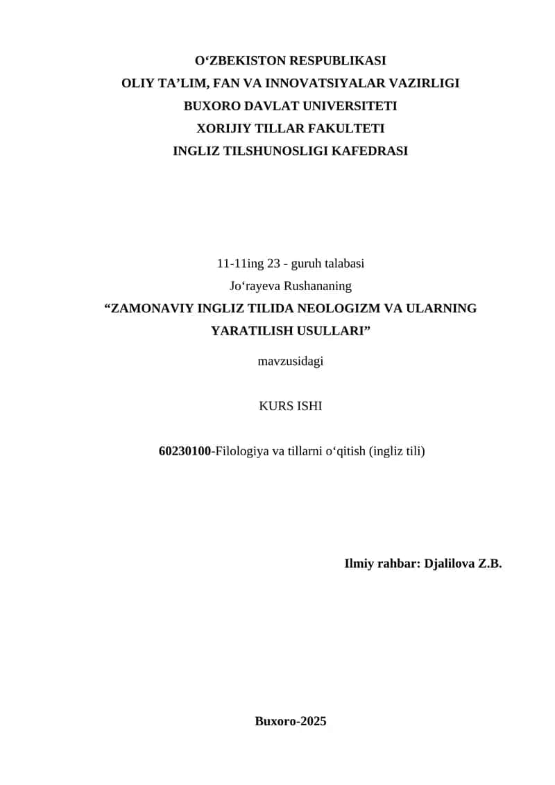 ZAMONAVIY INGLIZ TILIDA NEOLOGIZM VA ULARNING YARATILISH USULLARI 1