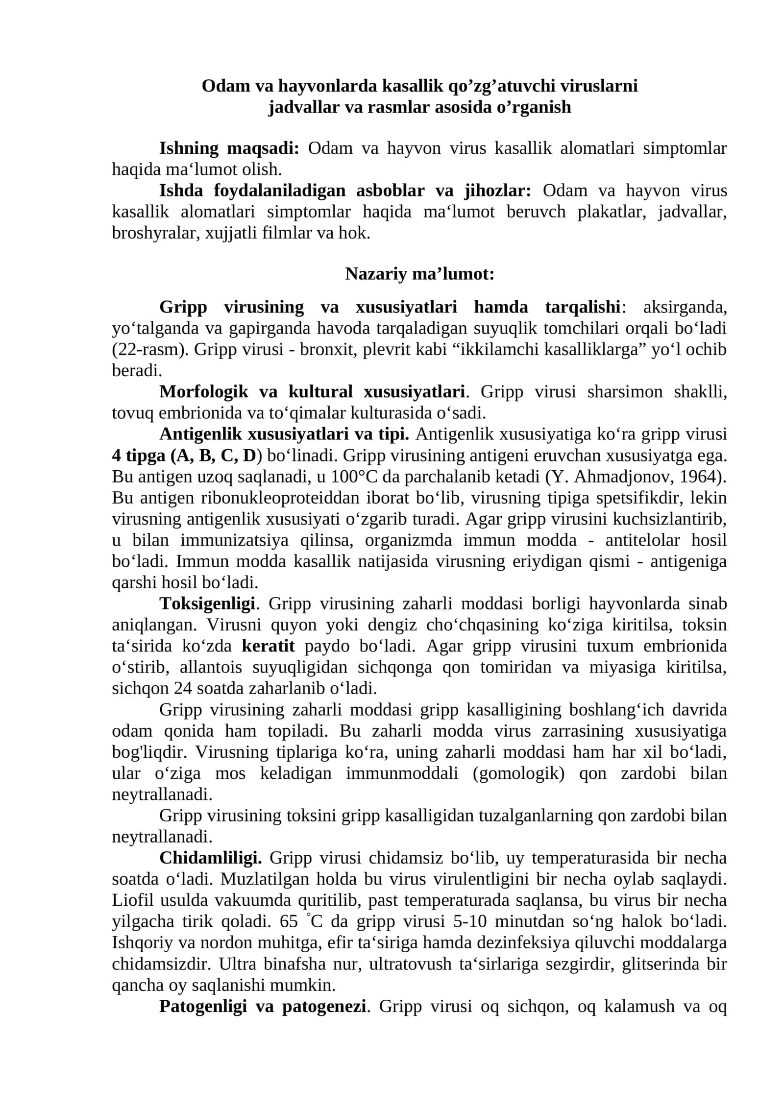 Odam va hayvonlarda kasallik qo’zg’atuvchi viruslarni jadvallar va rasmlar asosida o’rganish 1