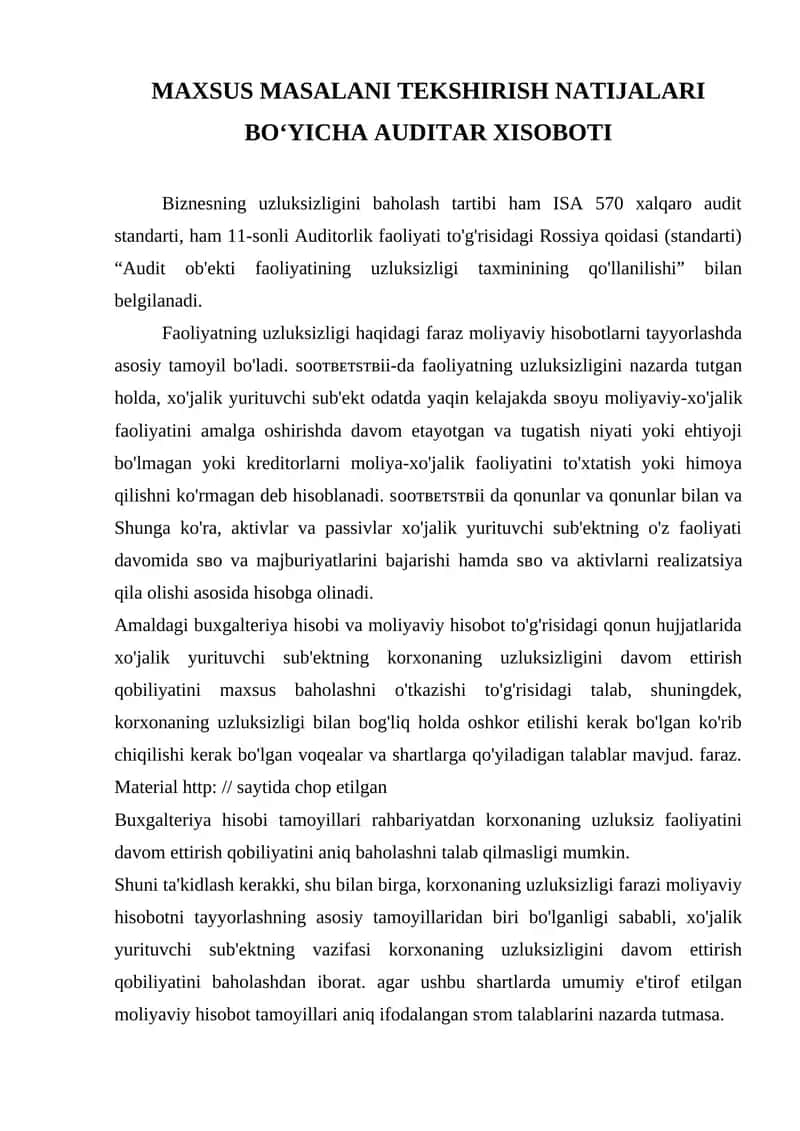 MAXSUS MASALANI TEKSHIRISH NATIJALARI BOʻYICHA AUDITAR XISOBOTI 1