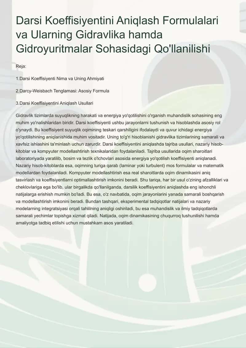 Darsi Koeffisiyentini Aniqlash Formulalari va Ularning Gidravlika hamda Gidroyuritmalar Sohasidagi Qo'llanilishi 1
