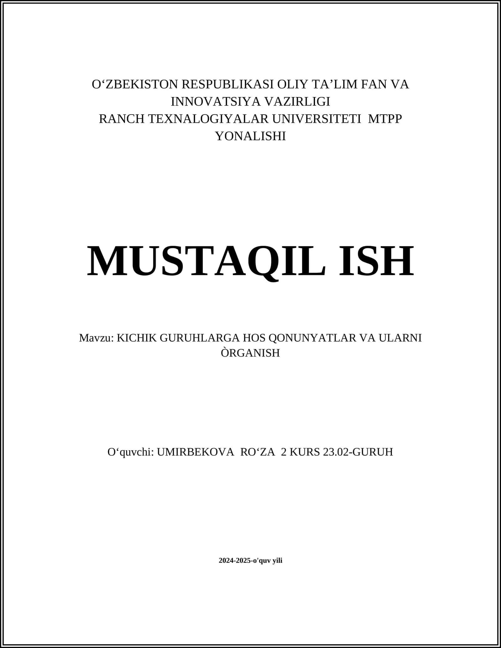 Kichik guruhlarga hos qonunyatlar va ularni o'rganish 1