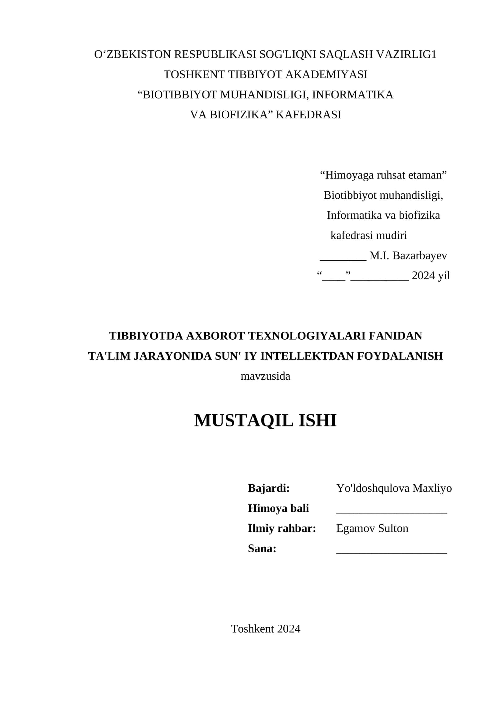 TIBBIYOTDA AXBOROT TEXNOLOGIYALARI FANIDAN TA'LIM JARAYONIDA SUN' IY INTELLEKTDAN FOYDALANISH 1