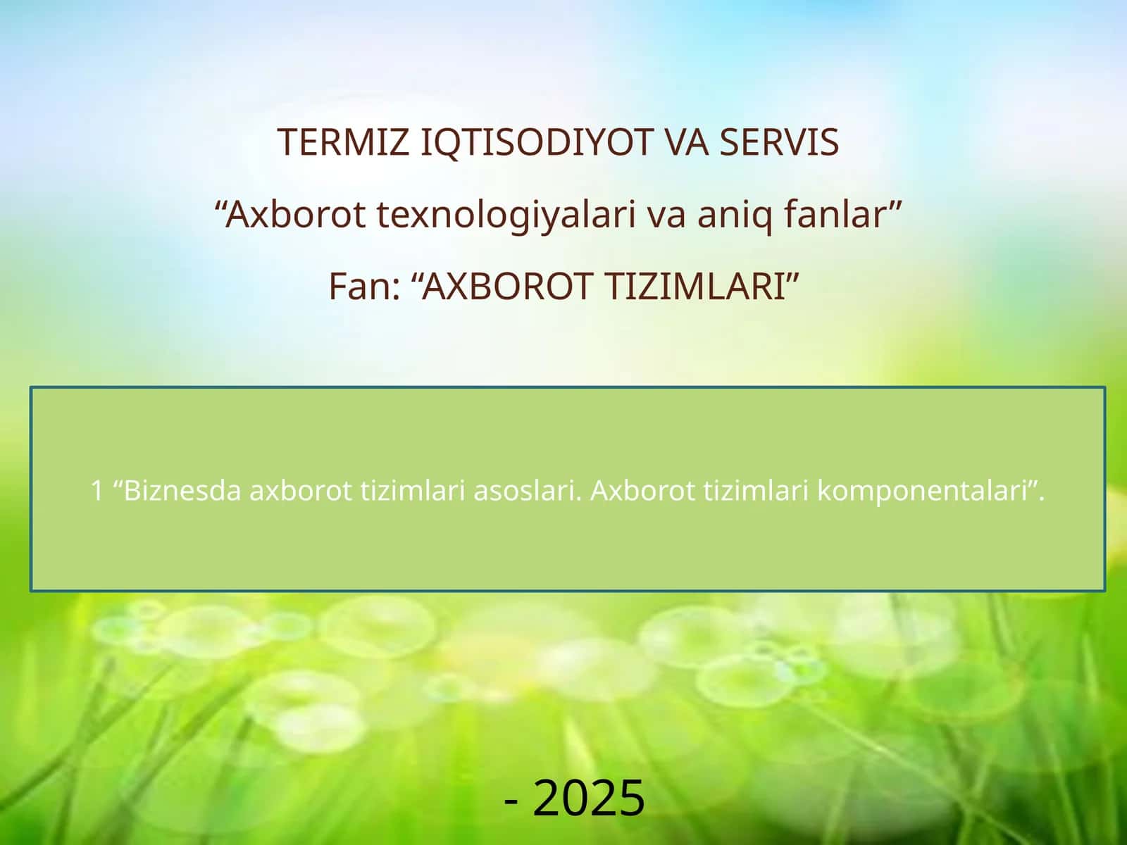 Biznesda axborot tizimlari asoslari. Axborot tizimlari komponentalari 1