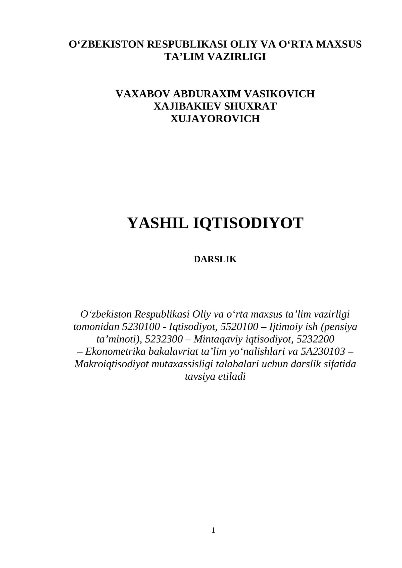 YAshil iqtisodiyot: Darslik 1