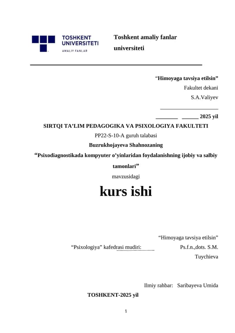 Psixodiagnostikada kompyuter o’yinlaridan foydalanishning ijobiy va salbiy tamonlari. 1
