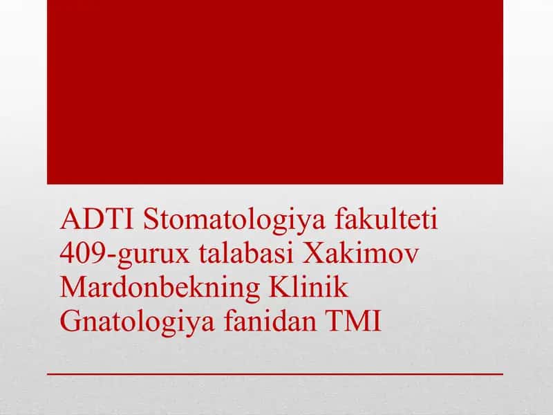 Gnatologiya fanidan "Chakka pastki jag' bo'g'imlari kasalliklari (artrit, artroz, ankiloz)" mavzusida 1