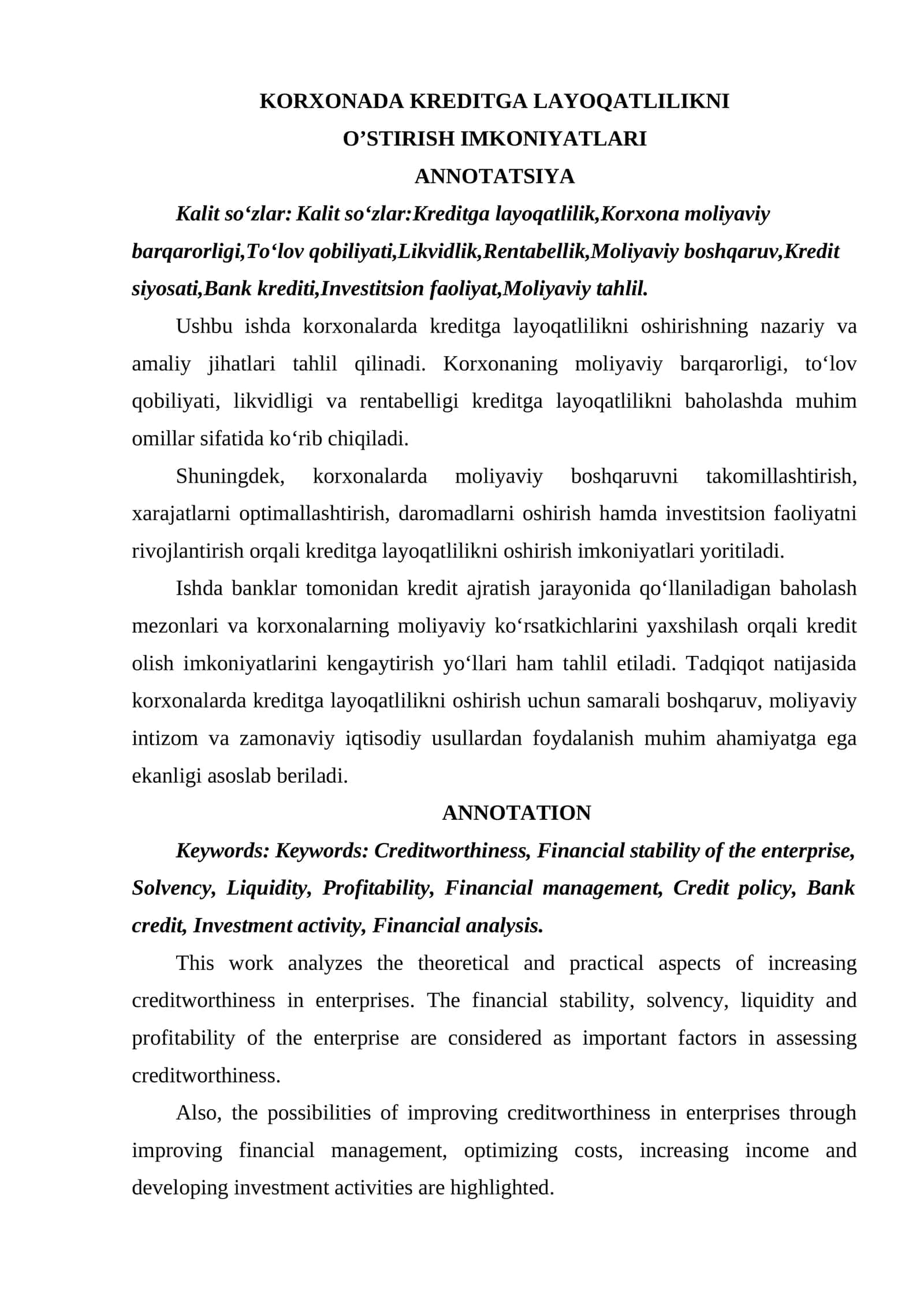 KORXONADA KREDITGA LAYOQATLILIKNI O’STIRISH IMKONIYATLARI 1