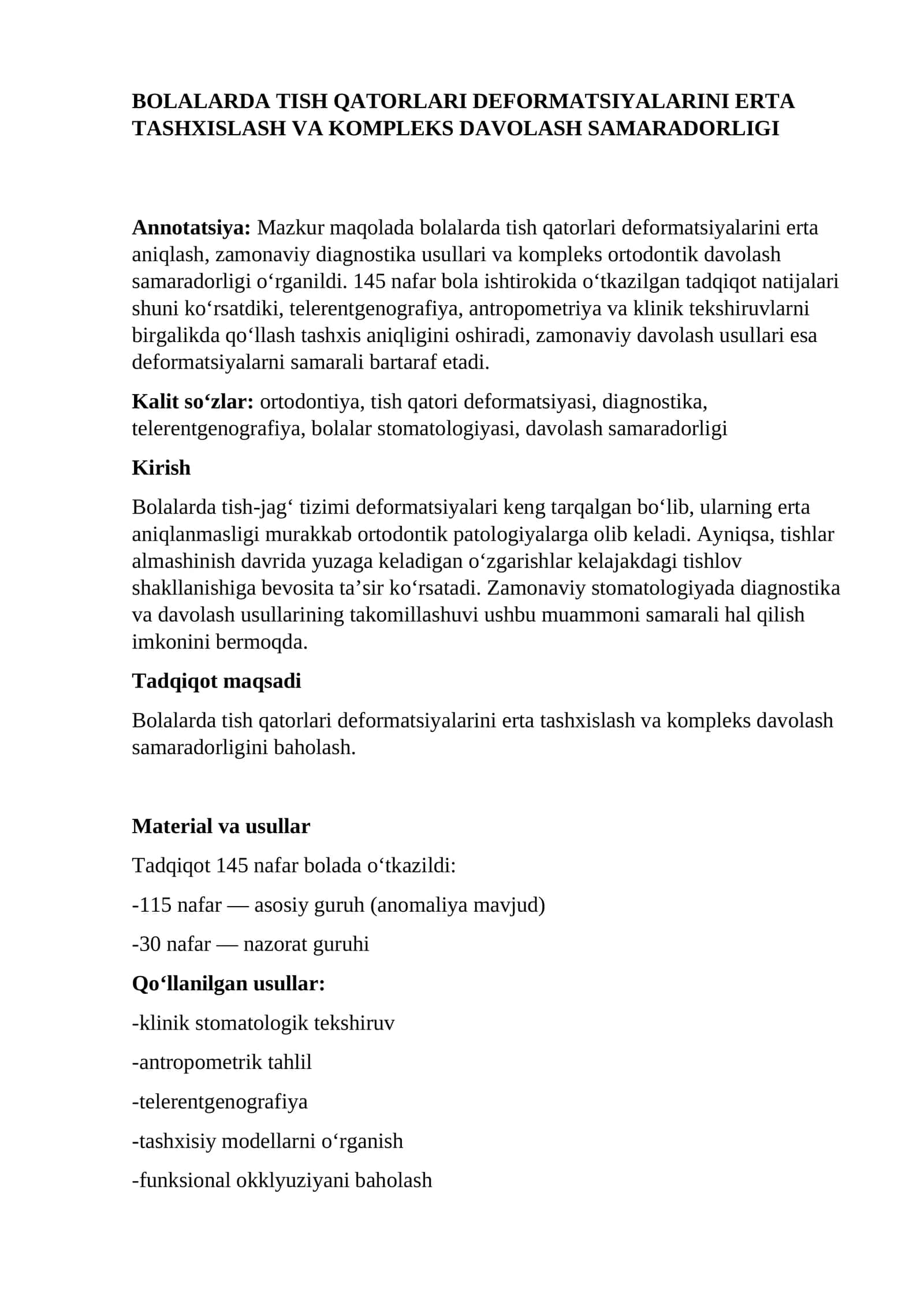 BOLALARDA TISH QATORLARI DEFORMATSIYALARINI ERTA TASHXISLASH VA KOMPLEKS DAVOLASH SAMARADORLIGI 1