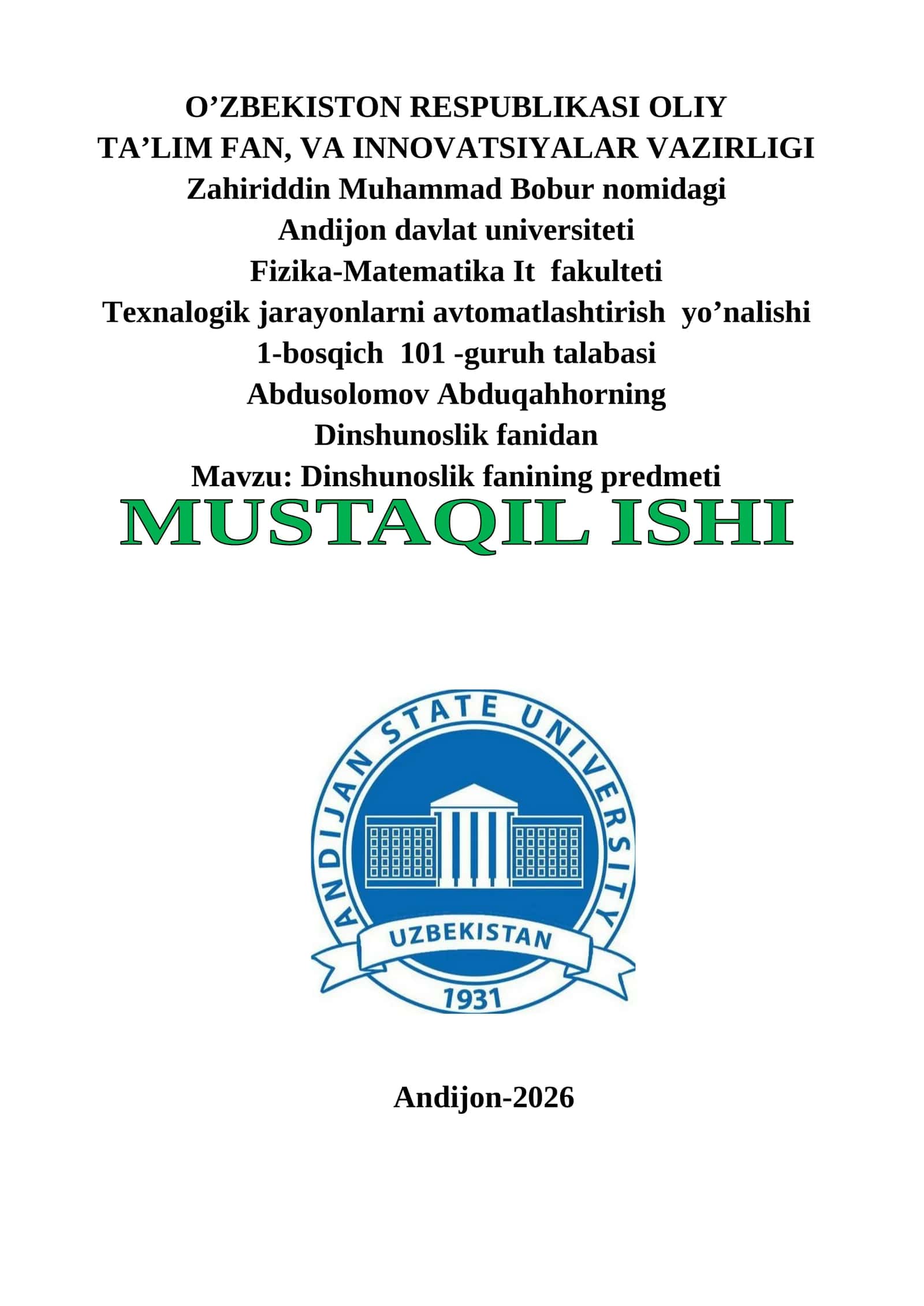 Dinshunoslik fanining predmeti 1