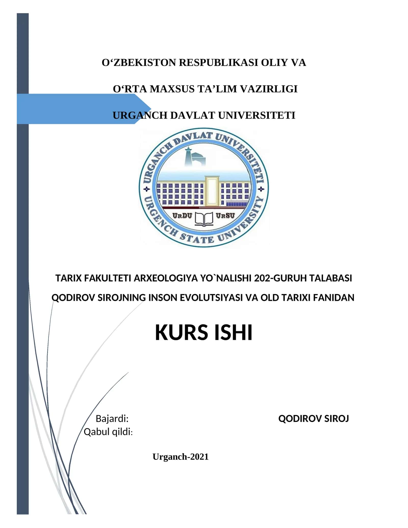 Inson Evolutsiyasi va Old Tarixi Fanidan Kurs Ishi 1