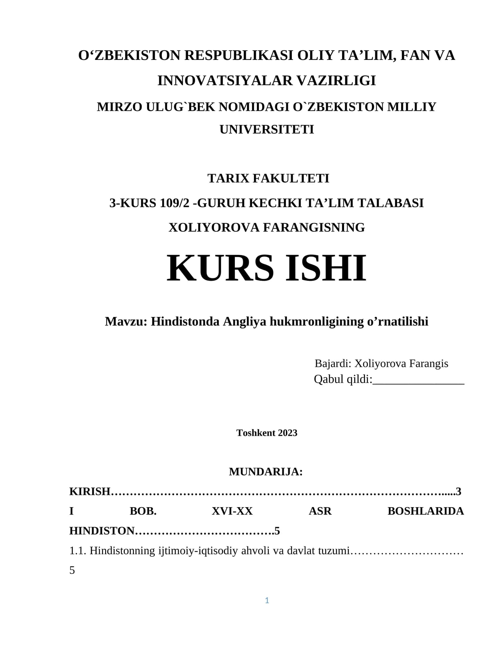 Hindistonda Angliya hukmronligining o’rnatilishi 1