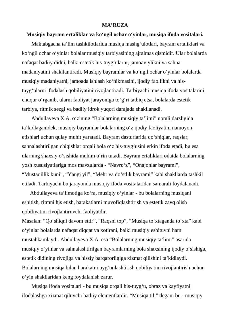 Musiqiy bayram ertaliklar va ko‘ngil ochar o‘yinlar, musiqa ifoda vositalari. 1