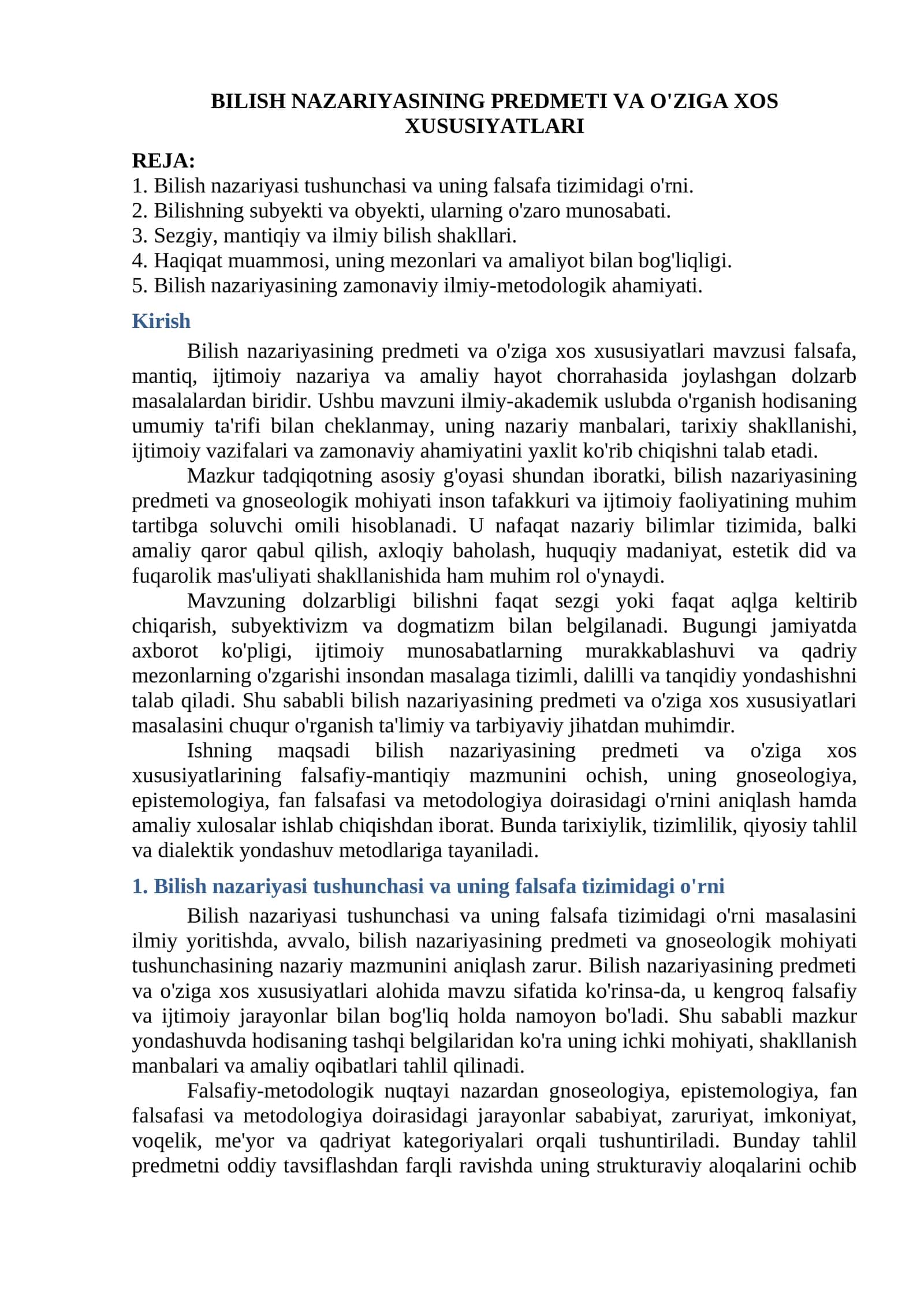 Bilish nazariyasi predmeti va o'ziga xos xususiyatlar 1